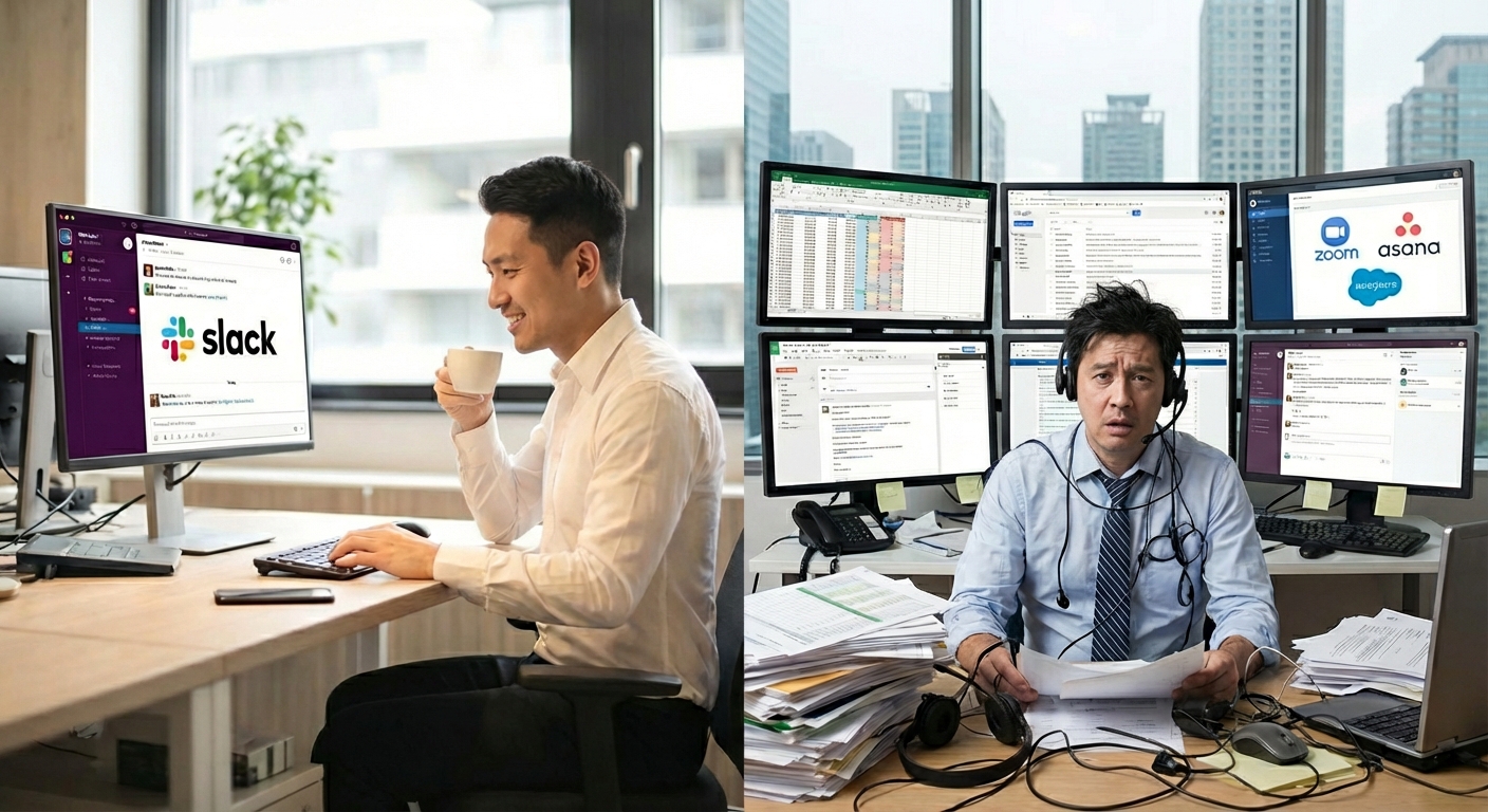 SalesBuddy導入前後の比較：余裕のあるSlack運用 vs ツールに追われる多忙な管理